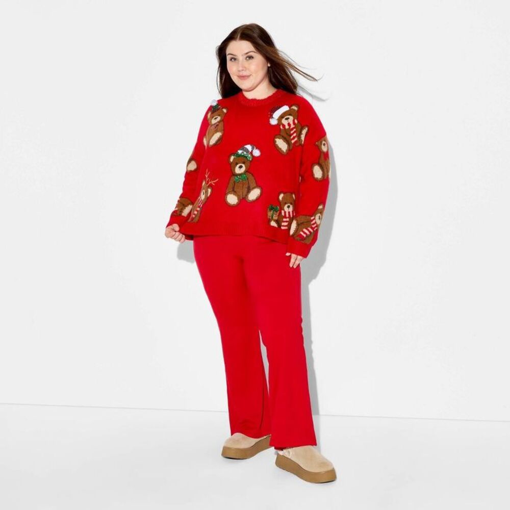 Women's Teddy Bear Print Festive Graphic Sweater - Red 2X